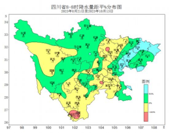 四川秋雨期間降水距平%分布圖 四川秋雨期間降水距平%分布圖
