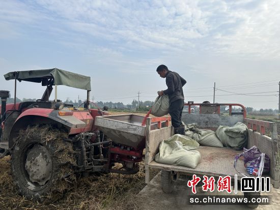 操作員往播種機灌入麥種和肥料。 什邡市委宣傳部供圖 操作員往播種機灌入麥種和肥料。 什邡市委宣傳部供圖